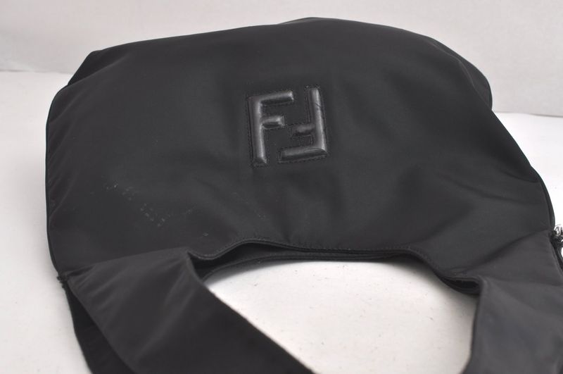 Fendi Vintage Shoulder Tote Bag Nylon Leather Black 4290n
