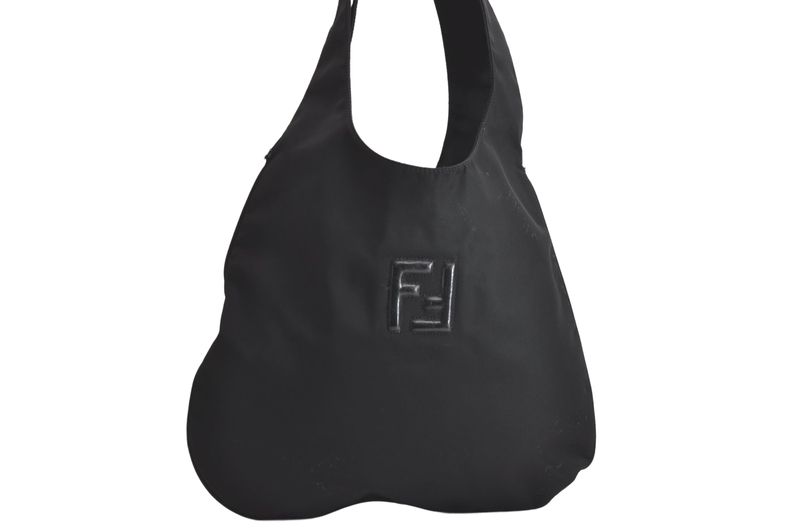 Fendi Vintage Shoulder Tote Bag Nylon Leather Black 4290n