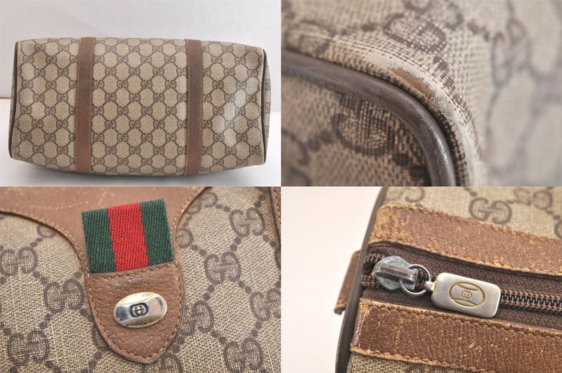 Gucci Web Sherry Line Hand Boston Bag GG Pvc Leather Brown Junk 4325n