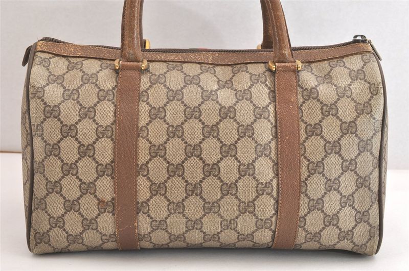 Gucci Web Sherry Line Hand Boston Bag GG Pvc Leather Brown Junk 4325n