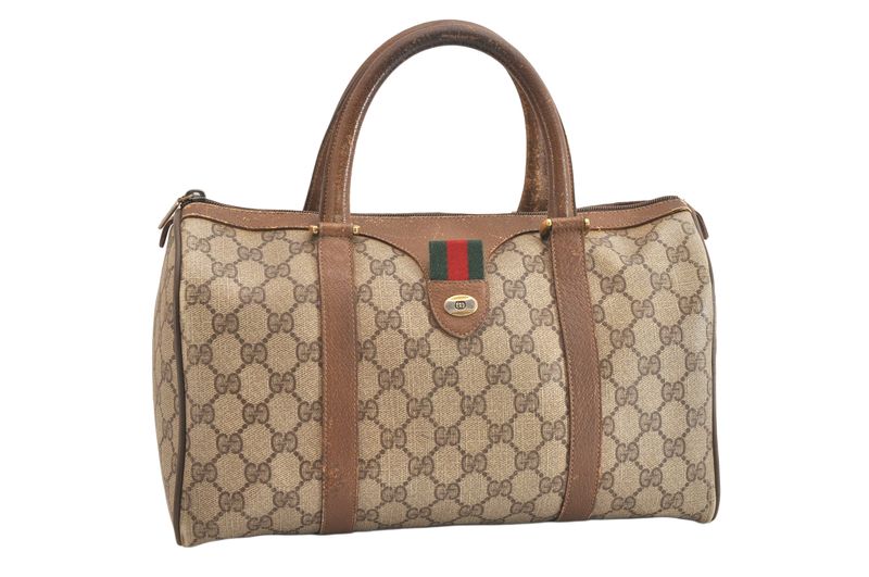 Gucci Web Sherry Line Hand Boston Bag GG Pvc Leather Brown Junk 4325n