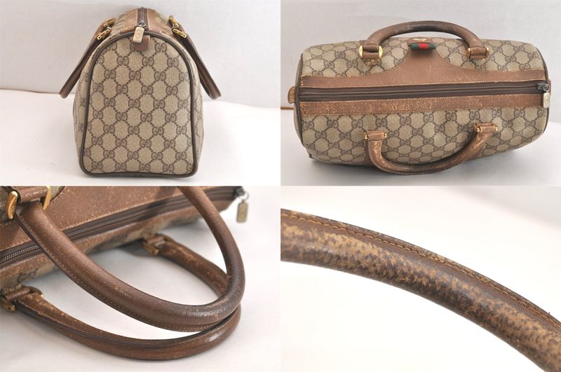 Gucci Web Sherry Line Hand Boston Bag GG Pvc Leather Brown Junk 4325n