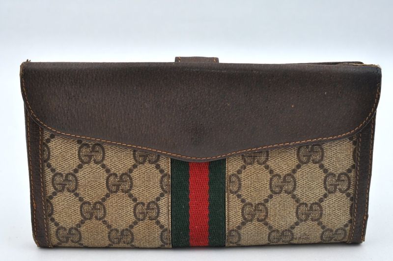 Gucci Bifold Long Wallet GG Pvc Canvas Leather Brown Black 4 Sets L2832