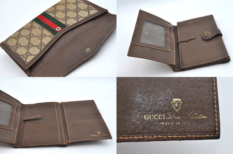 Gucci Bifold Long Wallet GG Pvc Canvas Leather Brown Black 4 Sets L2832