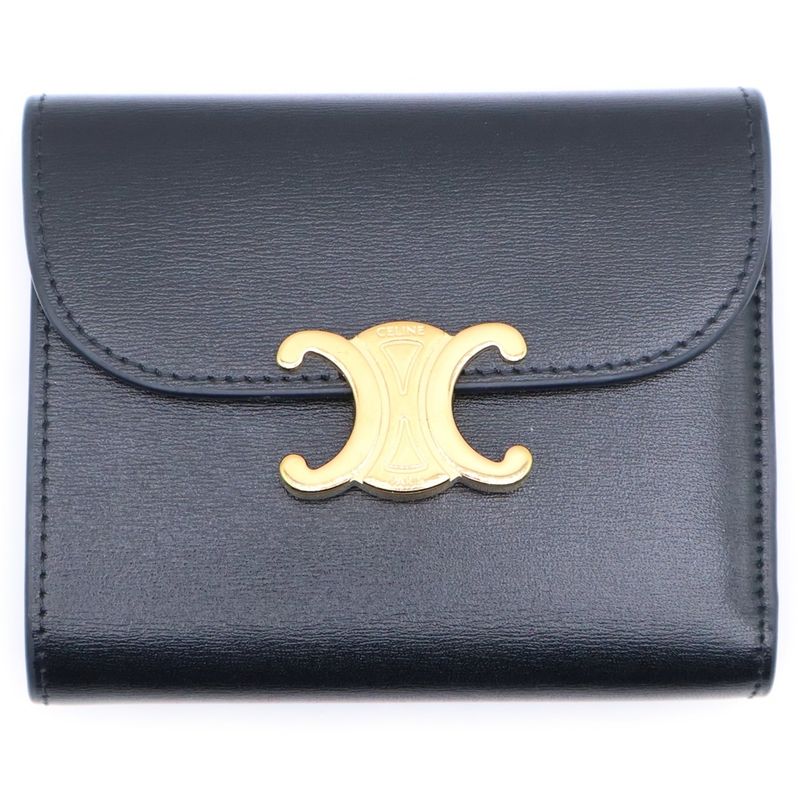 Celine Triomphe Small Flap Compact Wallet Trifold Wallet Black Calfskin
