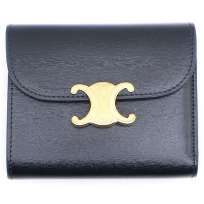 Celine Triomphe Small Flap Compact Wallet Trifold Wallet Black Calfskin