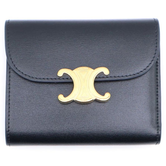 Celine Triomphe Small Flap Compact Wallet Trifold Wallet Black Calfskin