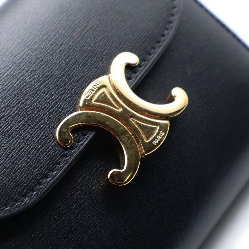 Celine Triomphe Small Flap Compact Wallet Trifold Wallet Black Calfskin