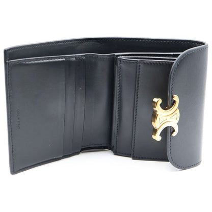 Celine Triomphe Small Flap Compact Wallet Trifold Wallet Black Calfskin
