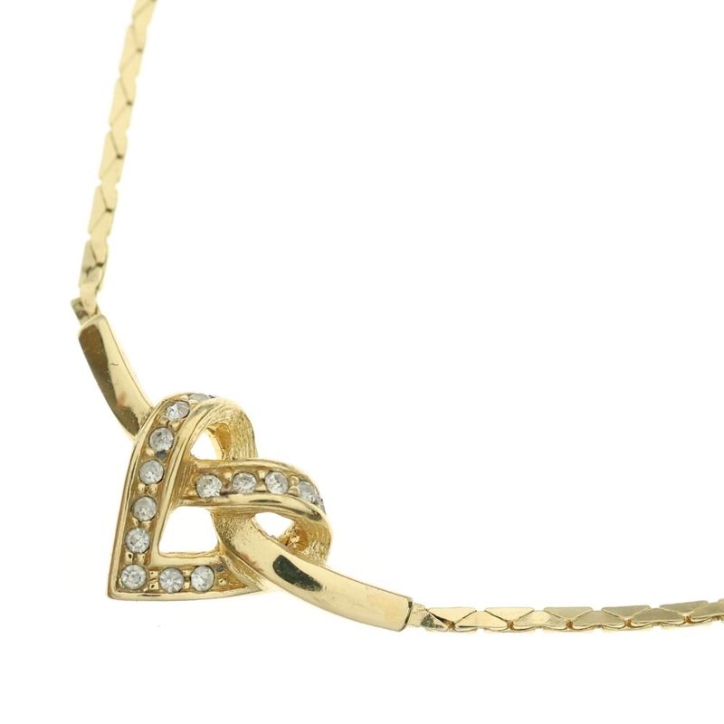 DIOR Heart Rhinestone Necklace Pendant Chain Gold