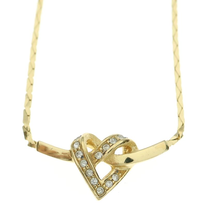 DIOR Heart Rhinestone Necklace Pendant Chain Gold