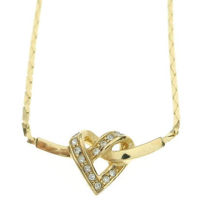 DIOR Heart Rhinestone Necklace Pendant Chain Gold
