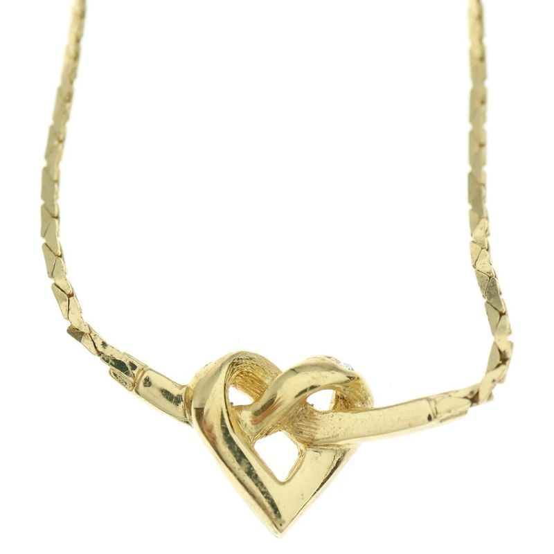 DIOR Heart Rhinestone Necklace Pendant Chain Gold