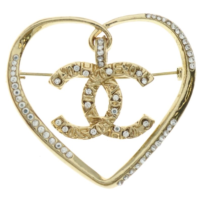 Chanel Coco Mark & Heart Gold Plated Brooch With Rhinestones Gold