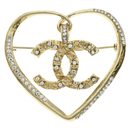 Chanel Coco Mark & Heart Gold Plated Brooch With Rhinestones Gold