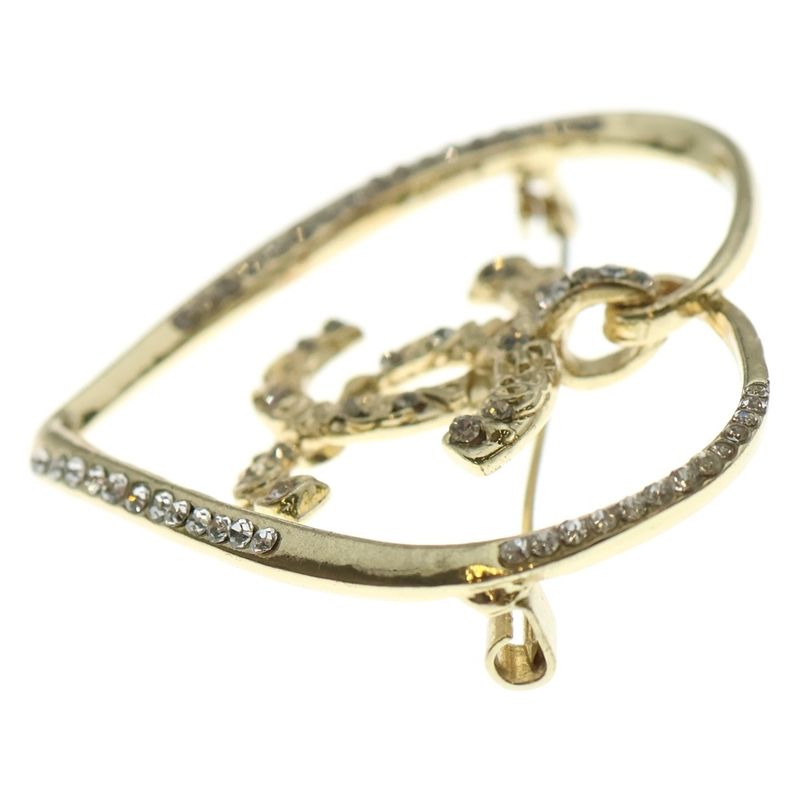 Chanel Coco Mark & Heart Gold Plated Brooch With Rhinestones Gold