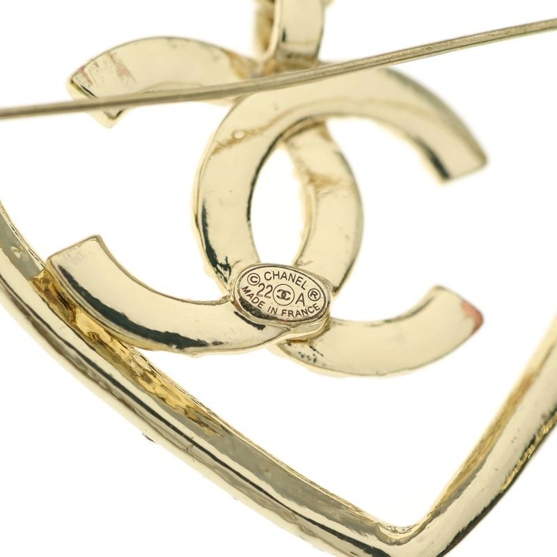 Chanel Coco Mark & Heart Gold Plated Brooch With Rhinestones Gold