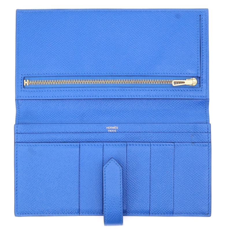 Hermes Bearn Soufflé Blue Sellige C Engraved Gold Hardware Long Wallet Long Blue