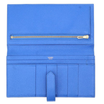 Hermes Bearn Soufflé Blue Sellige C Engraved Gold Hardware Long Wallet Long Blue