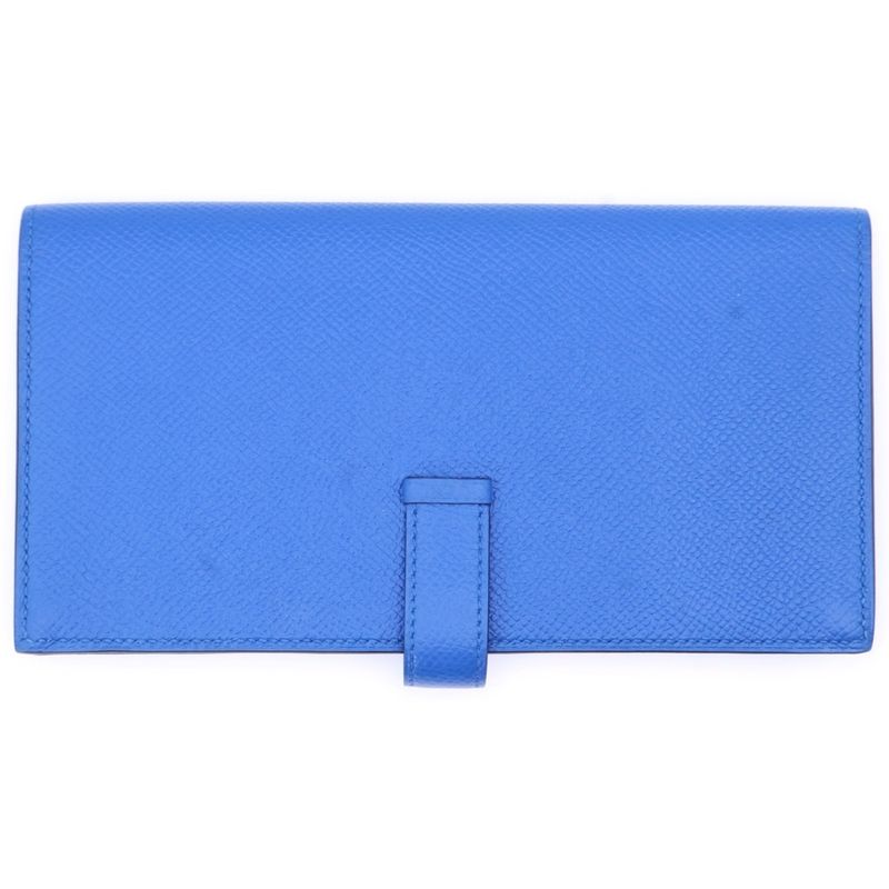Hermes Bearn Soufflé Blue Sellige C Engraved Gold Hardware Long Wallet Long Blue