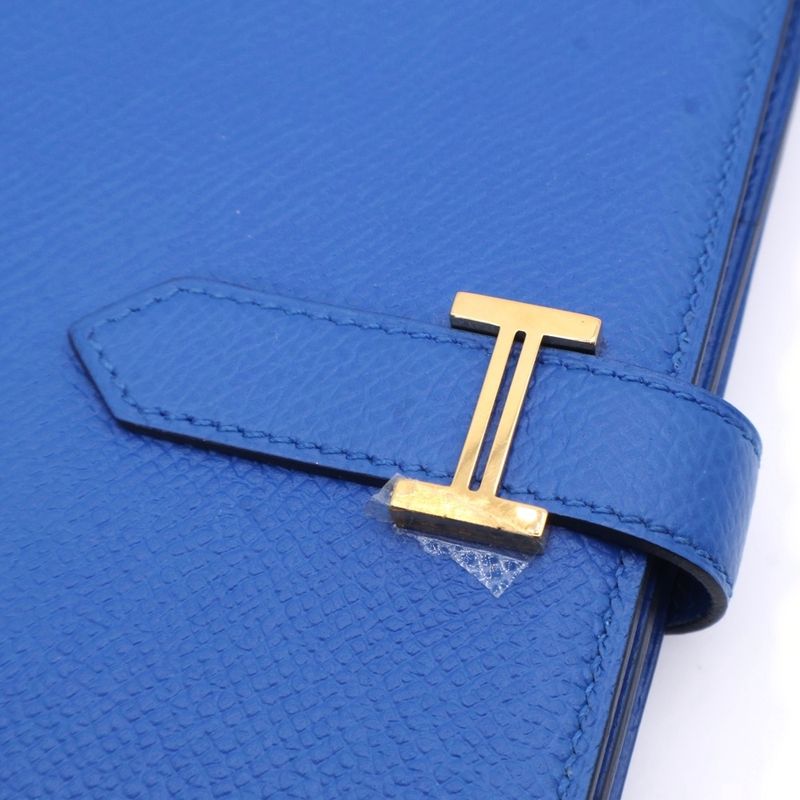 Hermes Bearn Soufflé Blue Sellige C Engraved Gold Hardware Long Wallet Long Blue