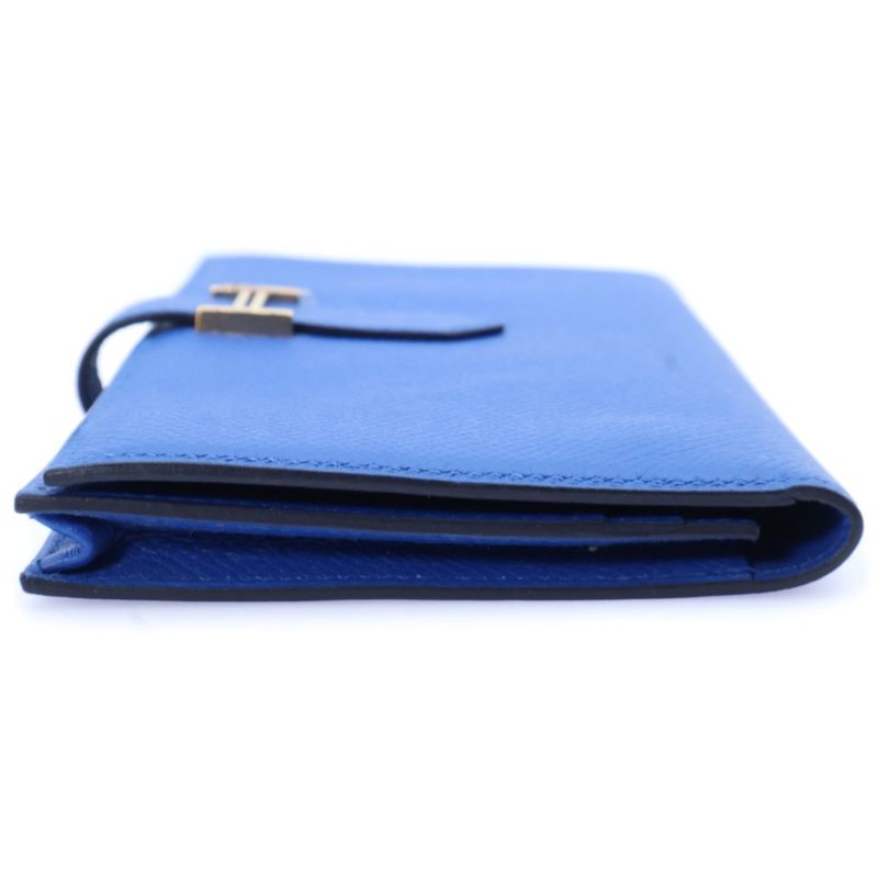 Hermes Bearn Soufflé Blue Sellige C Engraved Gold Hardware Long Wallet Long Blue