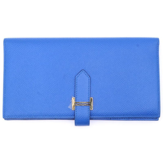 Hermes Bearn Soufflé Blue Sellige C Engraved Gold Hardware Long Wallet Long Blue