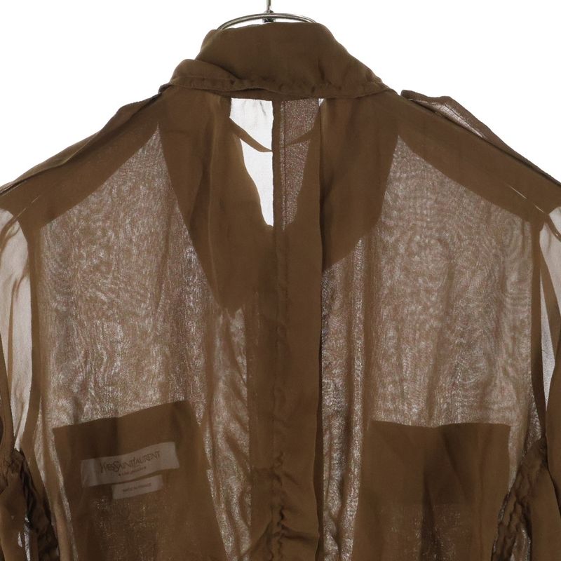 Saint Laurent Paris Stand Collar Military Shirt Blouse With Epaulettes Brown