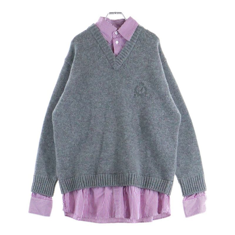 Balenciaga Layered Shirt V-neck Sweater Shirt Layered V-neck Knit Sweater Grey