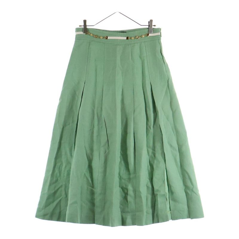 Gucci GG Marmont Logo Chain Rayon Linen Long Flared Pleated Skirt Light Green