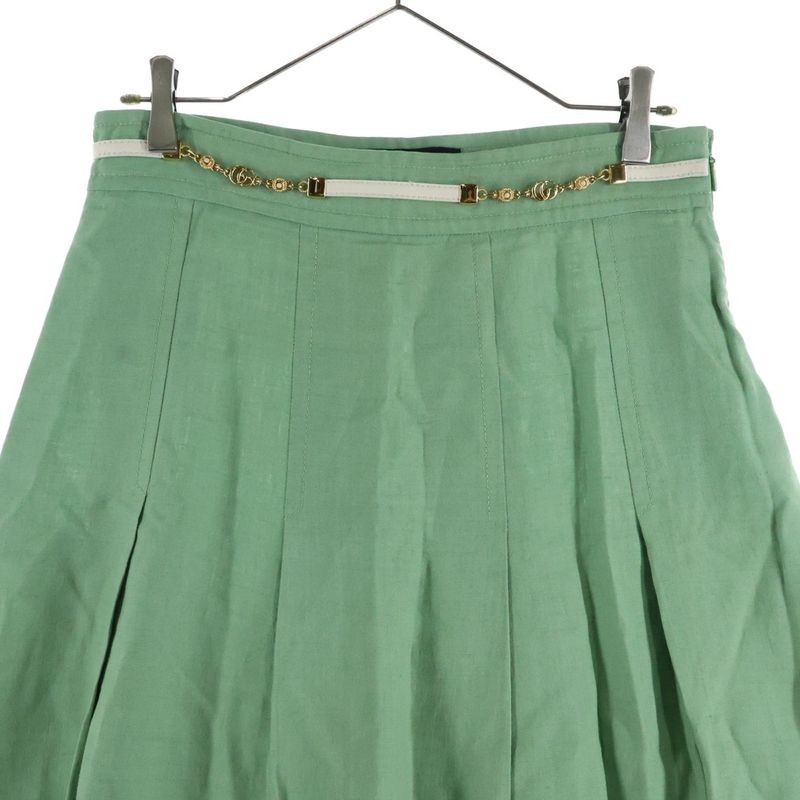 Gucci GG Marmont Logo Chain Rayon Linen Long Flared Pleated Skirt Light Green