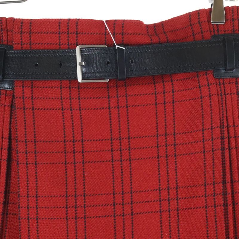 Christian Dior Logo Embroidery Check Allover Leather Belt Wool Pleated Medium