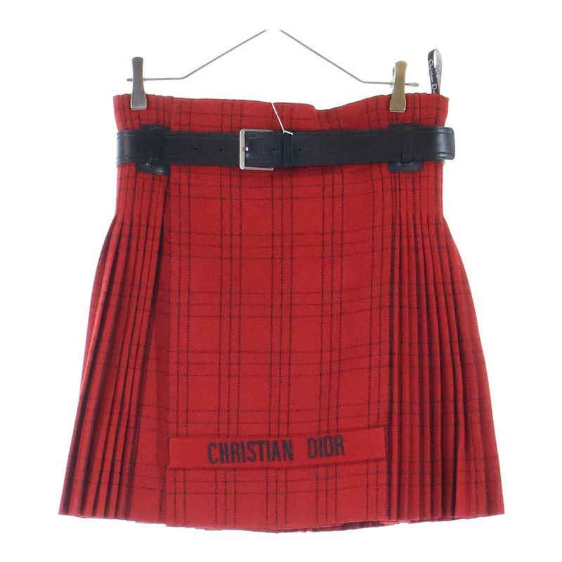 Christian Dior Logo Embroidery Check Allover Leather Belt Wool Pleated Medium