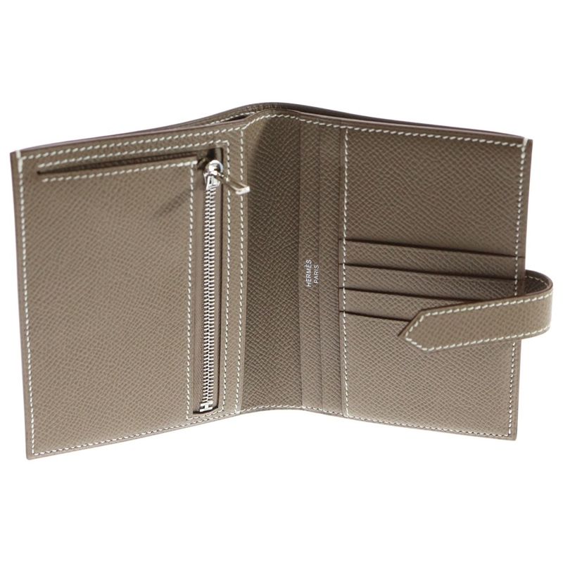 Hermes Bearn Compact Epson Leather Compact Wallet Fold Wallet Etoupe Beige
