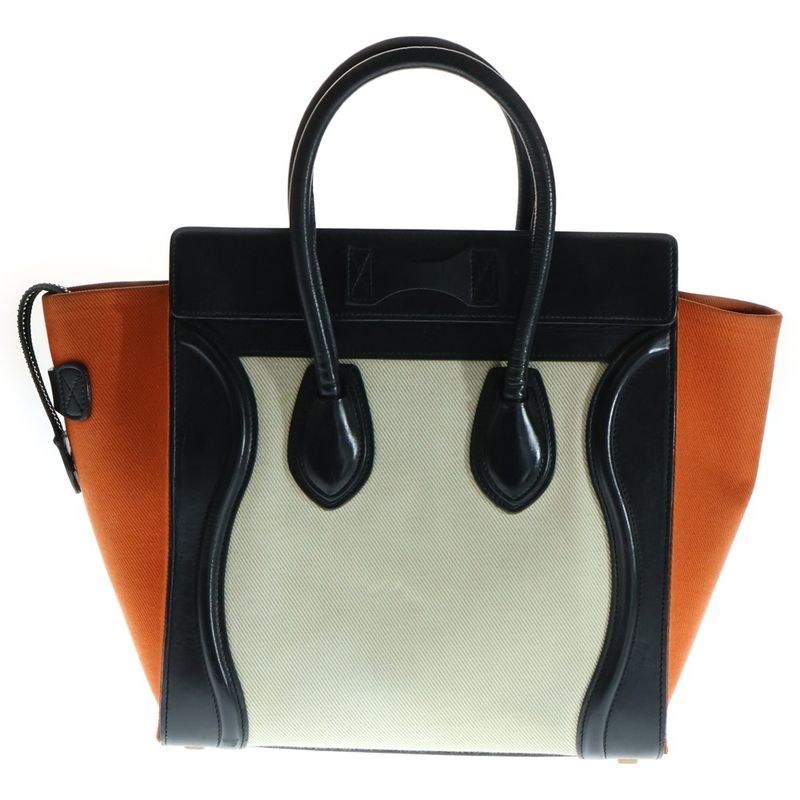 Celine Luggage Micro Shopper Leather Canvas Handbag Black/orange 167792