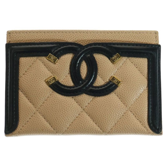 Chanel CC Filigree Caviar Skin Leather Card Case Beige/black 30s