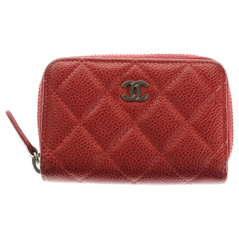 Chanel Matelasse Caviar Skins Round Zip Leather Coin Case Card Case Red 21 Units