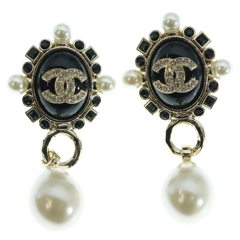Chanel Coco Mark Faux Pearl Earrings With Rhinestones Black/gold