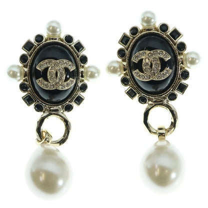 Chanel Coco Mark Faux Pearl Earrings With Rhinestones Black/gold