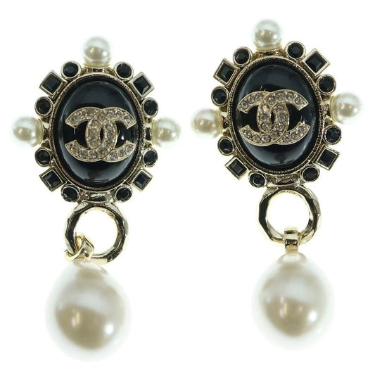 Chanel Coco Mark Faux Pearl Earrings With Rhinestones Black/gold
