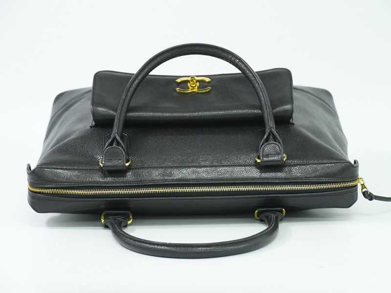 Authentic Chanel Coco Mark Tote Handbag Caviar Skin Leather Black Coco Mark Bag