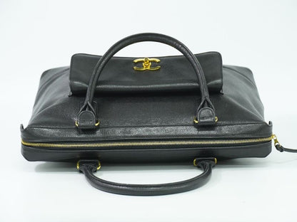 Authentic Chanel Coco Mark Tote Handbag Caviar Skin Leather Black Coco Mark Bag