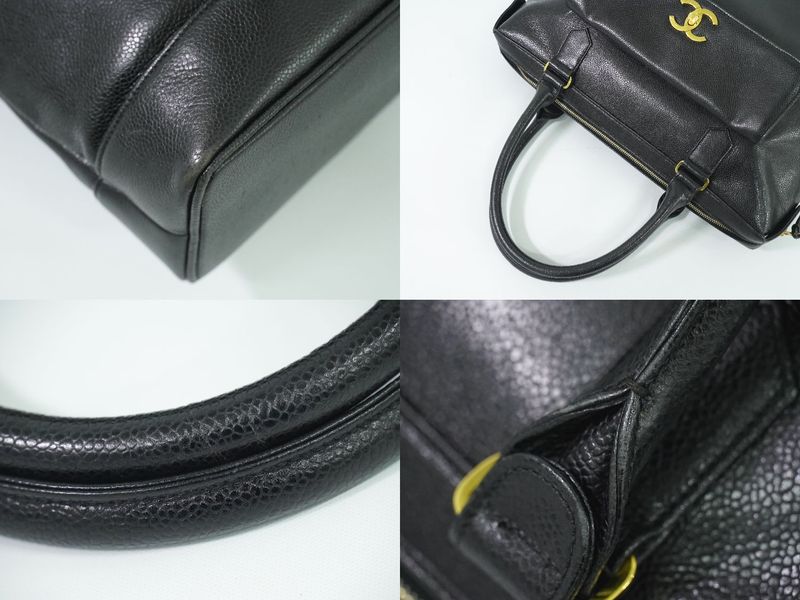 Authentic Chanel Coco Mark Tote Handbag Caviar Skin Leather Black Coco Mark Bag