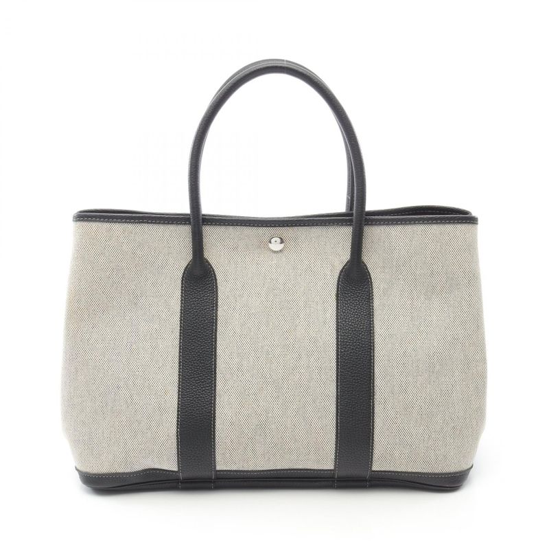 Hermes Tote Garden Party PM Bolduc Ribbon Black/ecru Canvas Leather Garden