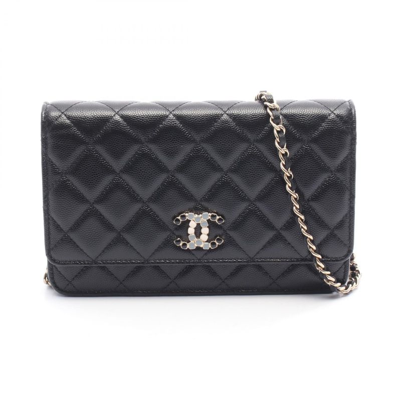 Chanel Shoulder Bag Matelasse Black Leather Matelasse Chain Wallet Ladies Used A