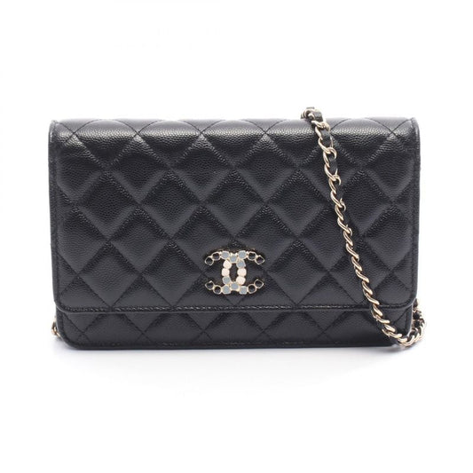 Chanel Shoulder Bag Matelasse Black Leather Matelasse Chain Wallet Ladies Used A