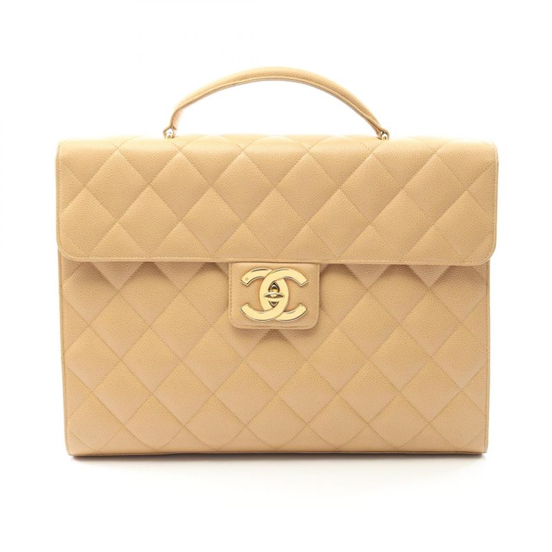 Chanel Briefcase Matelasse Beige Leather Calf Matelasse Business Bag Women Used