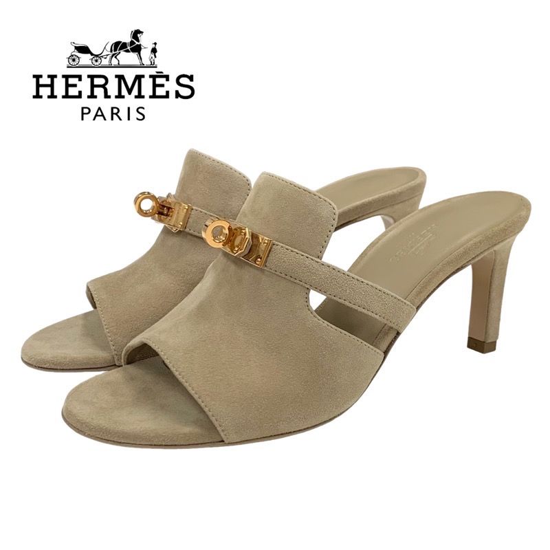 Hermes Cute Sandals Shoes Suede Beige Mules Kelly Hardware