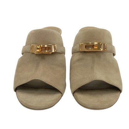 Hermes Cute Sandals Shoes Suede Beige Mules Kelly Hardware