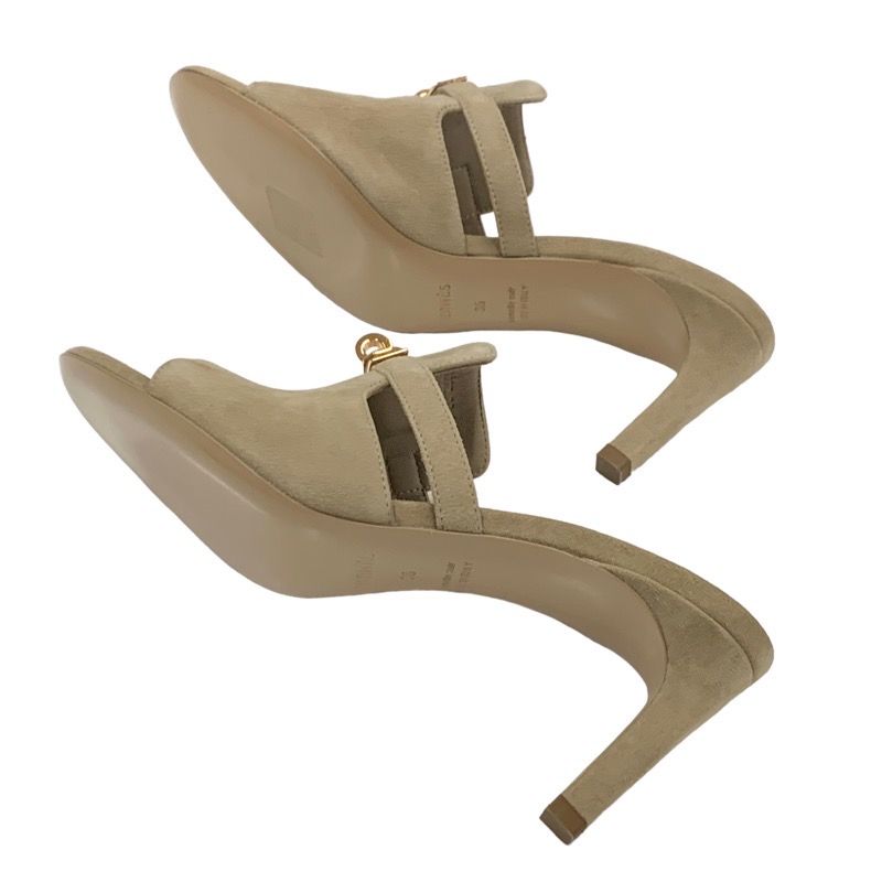 Hermes Cute Sandals Shoes Suede Beige Mules Kelly Hardware